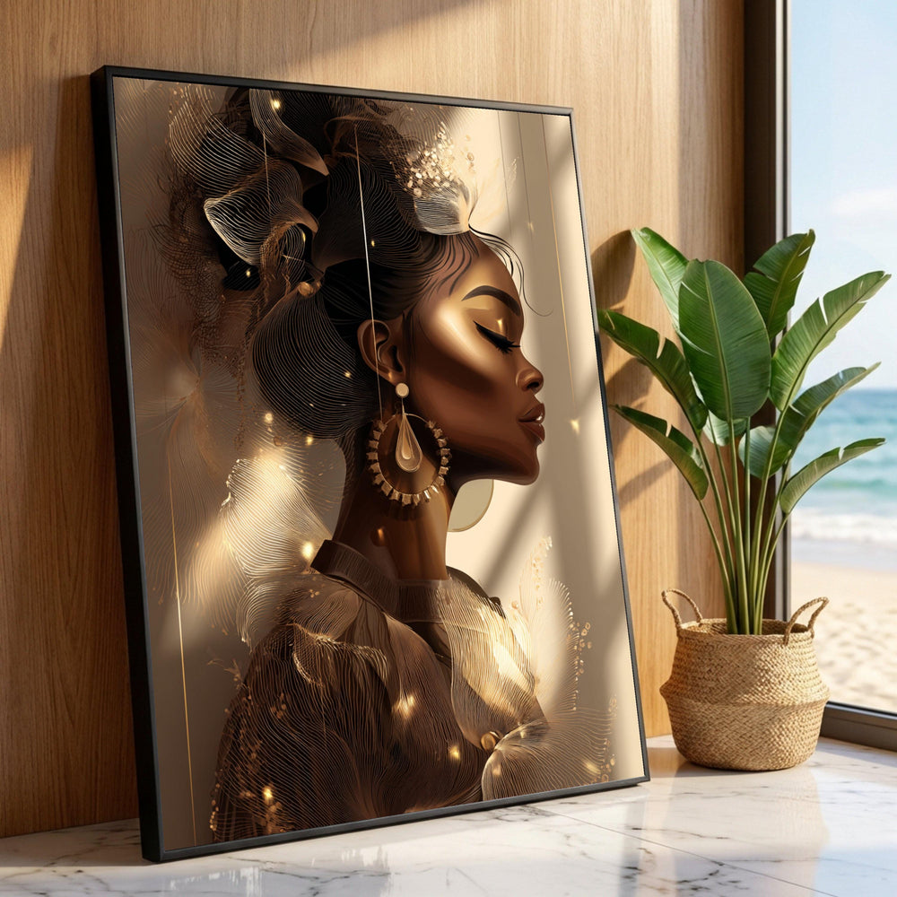 Elegant African Woman Portrait Canvas, Golden Glow Wall Art, Modern Female Silhouette, Chic Home Decoration, Luxury Ethnic Luxury Home Decor
