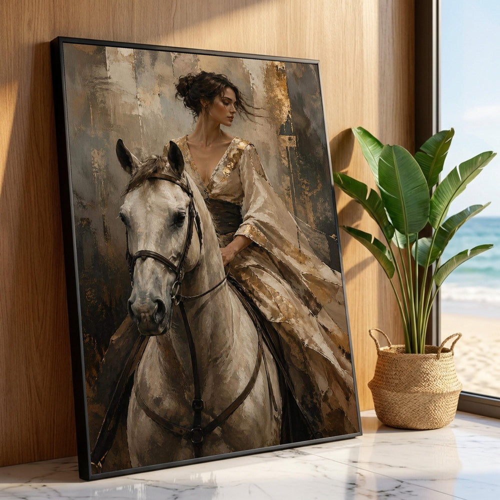 Elegant Woman on White Horse Canvas, Vintage Style Portrait Wall Art, Classic Equestrian Canvas, Rustic Home Decoration Luxury Home Decor