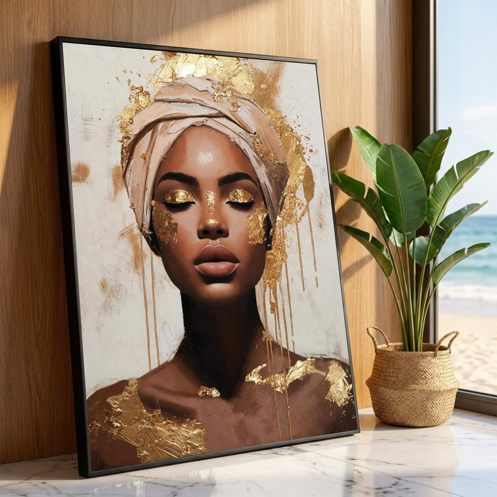 Golden Elegance Portrait Canvas, Woman with Headwrap Wall Art, Modern African Beauty Canvas, Glamorous Face Art, Home Luxury Home Decor