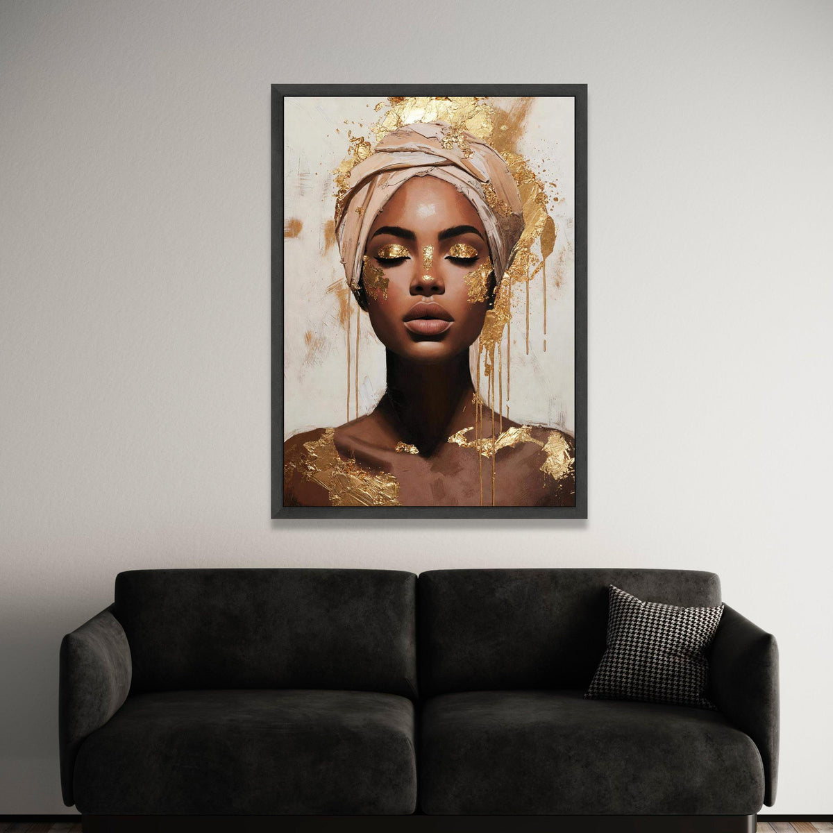Golden Elegance Portrait Canvas, Woman with Headwrap Wall Art, Modern African Beauty Canvas, Glamorous Face Art, Home Luxury Home Decor