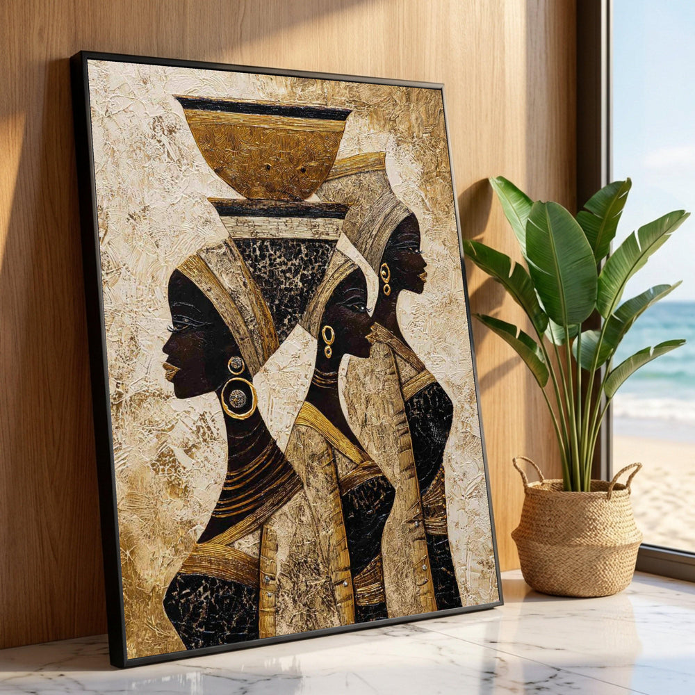 Elegant African Women Canvas, Tribal Art Wall Decor, Gold and Black Silhouette Canvas, Ethnic Home Decoration, Ready to Luxury Home Decor