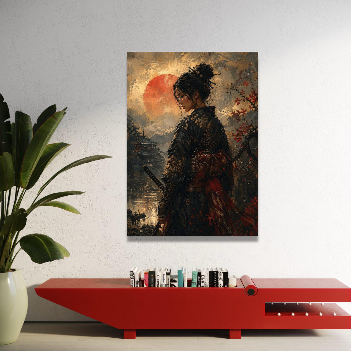 Japanese Samurai Woman Canvas Wall Art, Traditional Kimono Portrait, Red Sun and Cherry Blossoms, Asian Culture Canvas, Luxury Home Decor