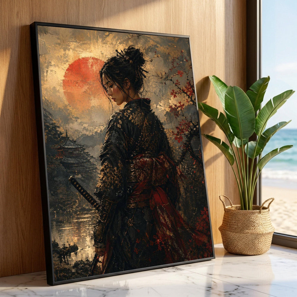 Japanese Samurai Woman Canvas Wall Art, Traditional Kimono Portrait, Red Sun and Cherry Blossoms, Asian Culture Canvas, Luxury Home Decor