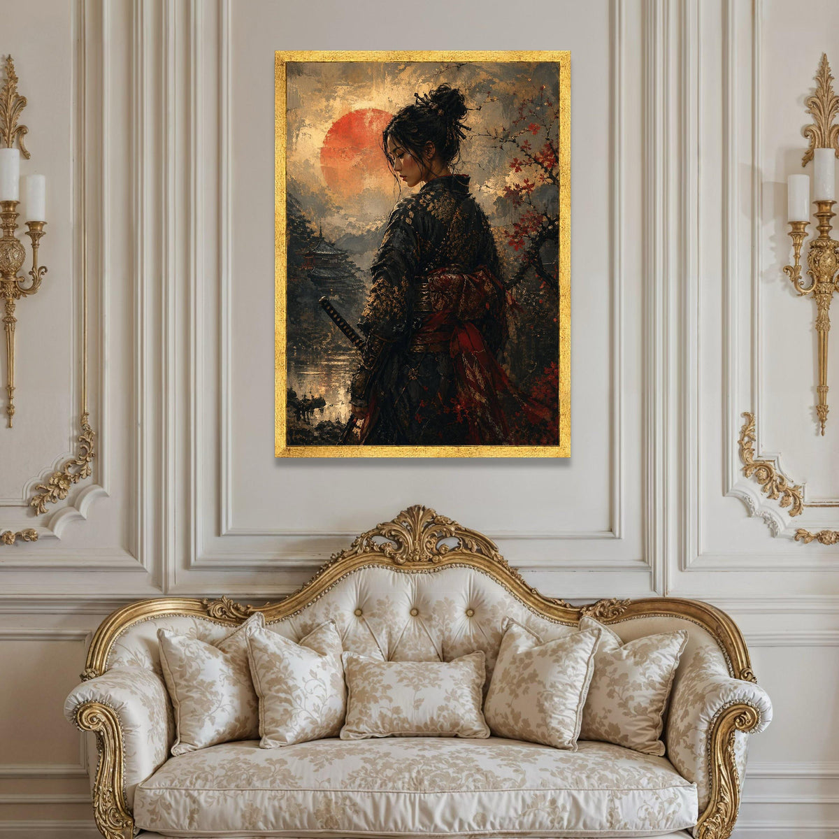 Japanese Samurai Woman Canvas Wall Art, Traditional Kimono Portrait, Red Sun and Cherry Blossoms, Asian Culture Canvas, Luxury Home Decor