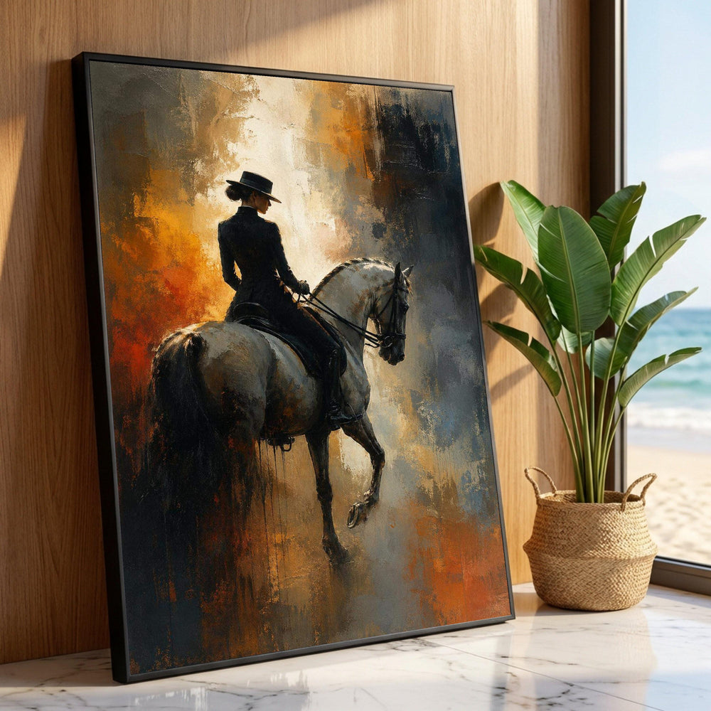 Elegant Woman on Horseback Canvas Art, Equine Wall Decoration, Equestrian Rider Painting, Dramatic Silhouette Canvas, Home Luxury Home Decor
