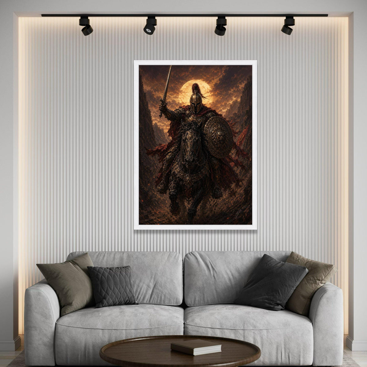 Fierce Knight on Horseback Canvas, Medieval Warrior Wall Art, Fantasy Armor Canvas, Heroic Battle Scene Decoration, Epic Luxury Home Decor