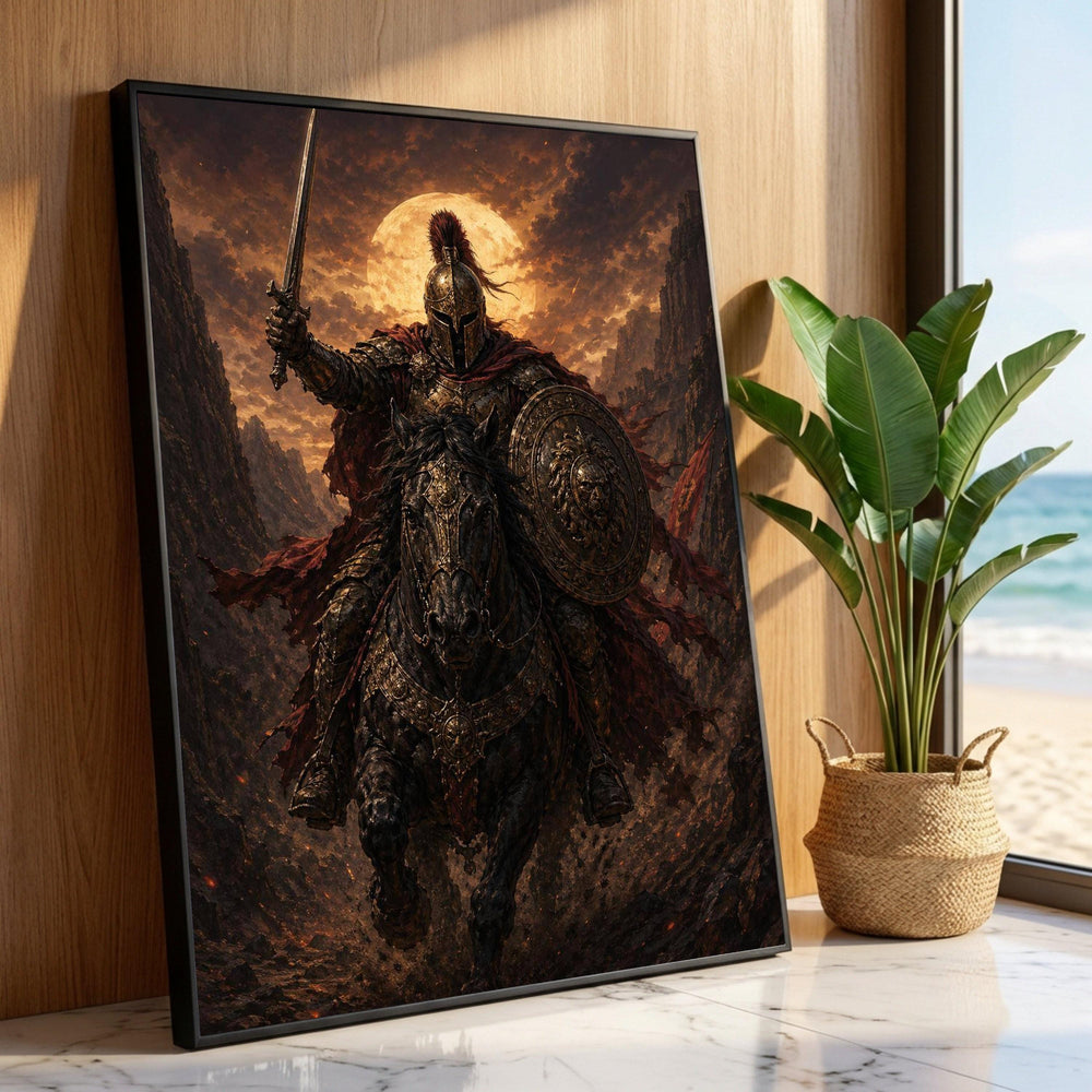 Fierce Knight on Horseback Canvas, Medieval Warrior Wall Art, Fantasy Armor Canvas, Heroic Battle Scene Decoration, Epic Luxury Home Decor