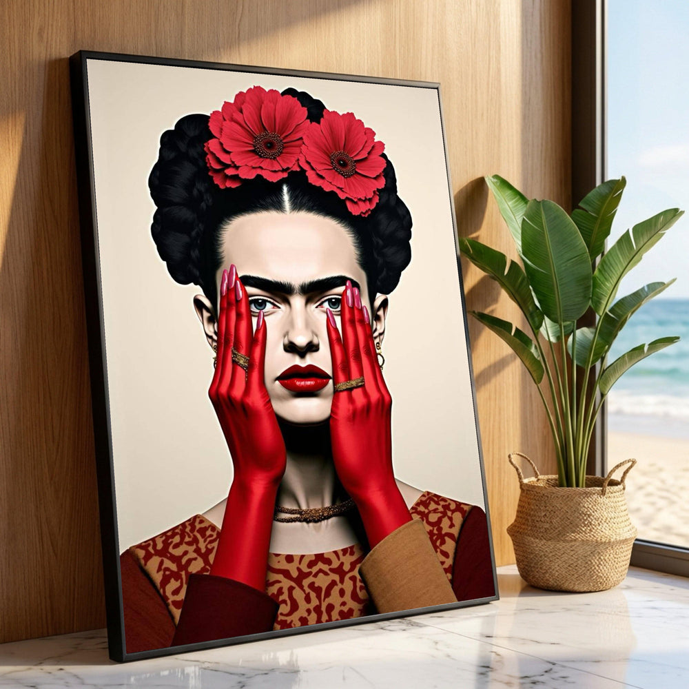 Bold Frida Portrait Canvas, Red Floral Headpiece, Elegant Hands Wall Art, Modern Feminine Canvas Decoration Luxury Home Decor