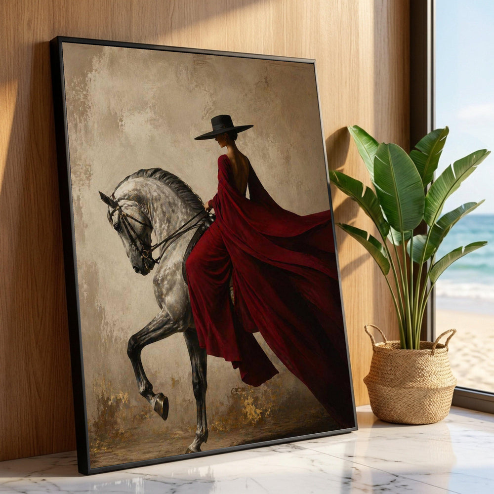 Elegant Woman Red Dress Riding White Horse Canvas, Classic Equestrian Wall Art, Vintage Style Home Decoration, Dramatic Luxury Home Decor
