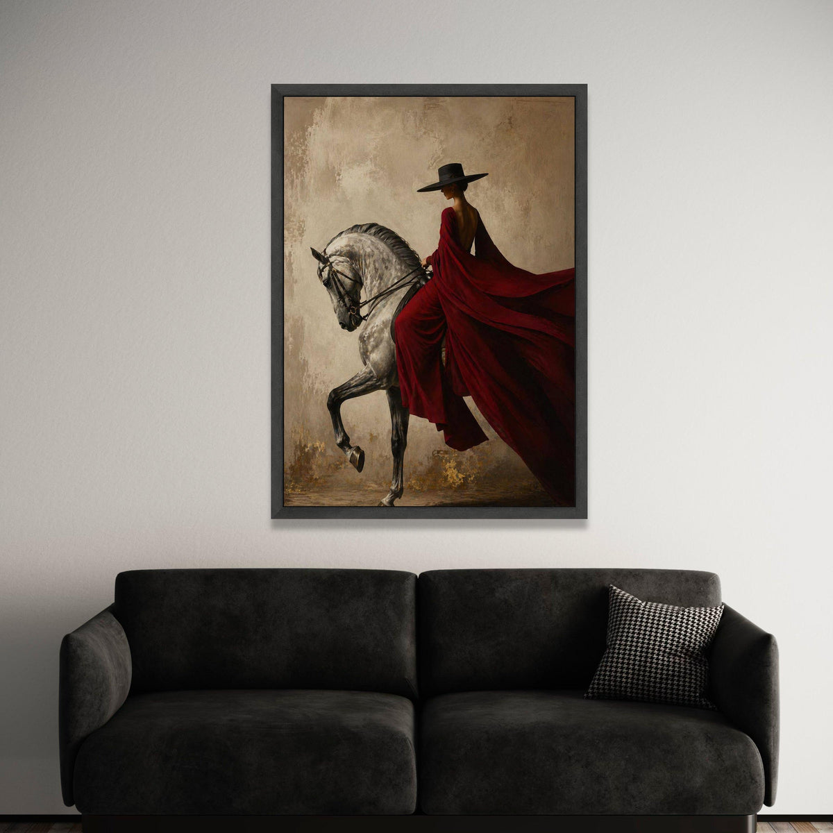 Elegant Woman Red Dress Riding White Horse Canvas, Classic Equestrian Wall Art, Vintage Style Home Decoration, Dramatic Luxury Home Decor