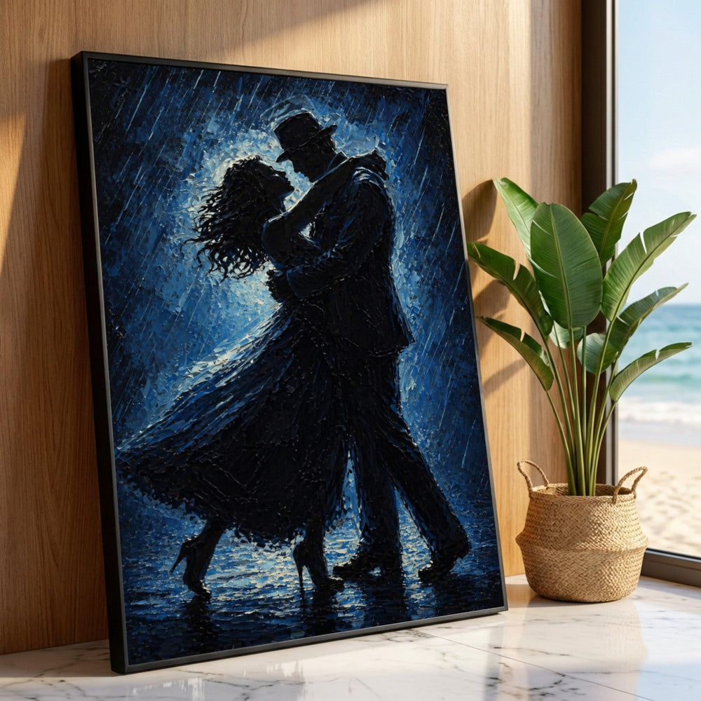 Romantic Couple Dancing Rain, Nighttime Silhouette Canvas, Moody Blue Wall Art, Embrace Love Scene Canvas, Elegant Home Luxury Home Decor