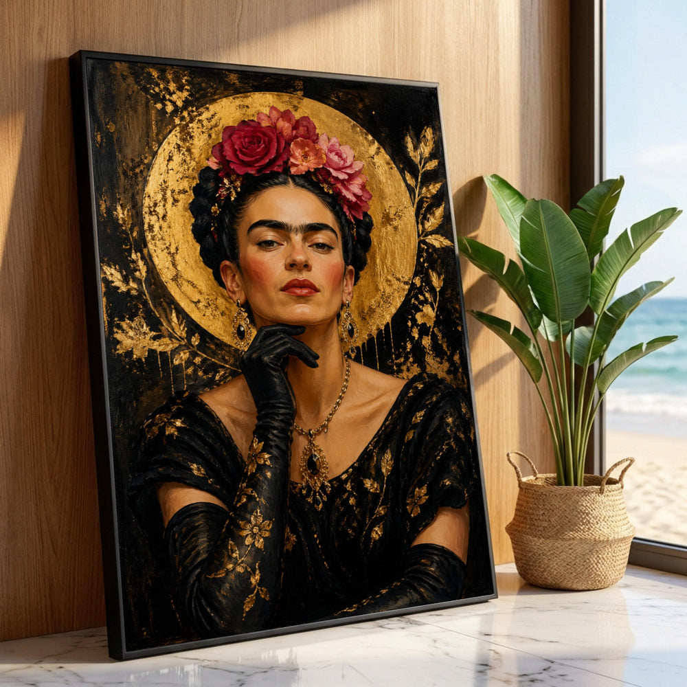 Elegant Woman Portrait Canvas, Floral Crown Wall Art, Gold Accent Decoration, Black Lace Dress Canvas, Glamorous Home Wall Luxury Home Decor