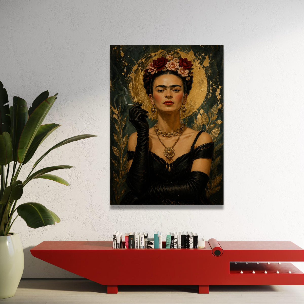 Elegant Woman Portrait Canvas, Floral Crown Wall Art, Gold Leaf Background, Vintage Style Canvas, Glamorous Home Luxury Home Decor