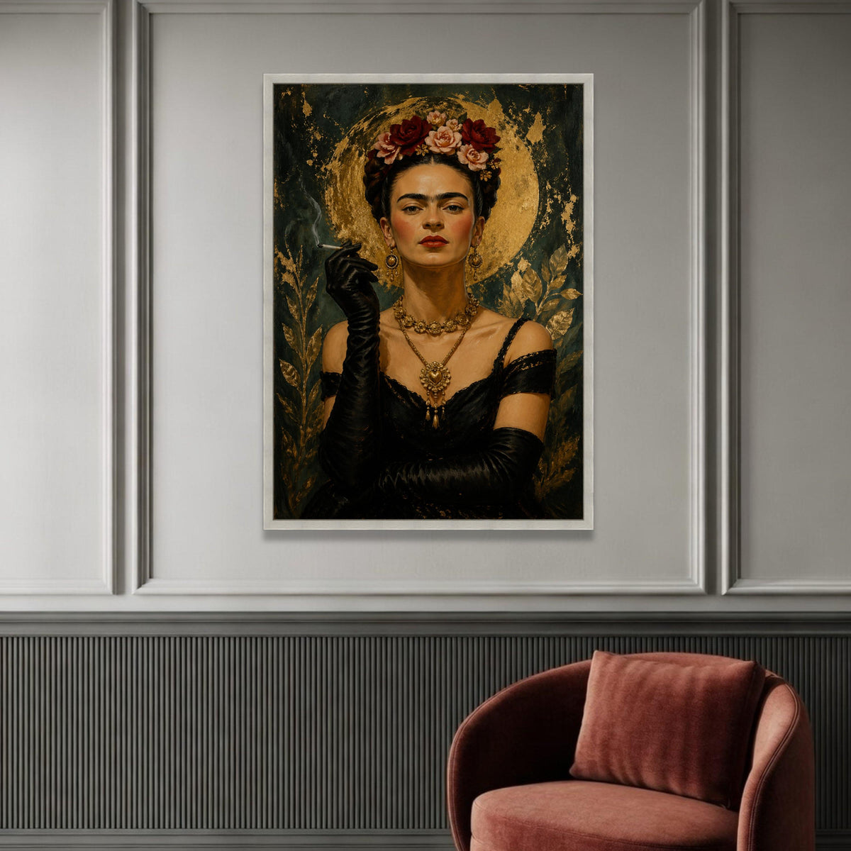 Elegant Woman Portrait Canvas, Floral Crown Wall Art, Gold Leaf Background, Vintage Style Canvas, Glamorous Home Luxury Home Decor