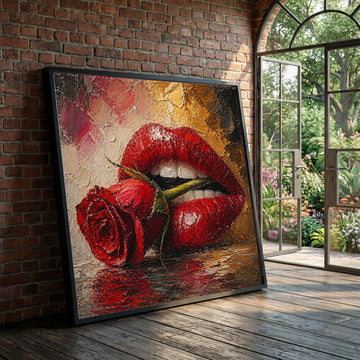 Bold Red Lips with Rose Canvas, Sensual Flower Art, Romantic Wall Decor, Glossy Lip Design, Modern Canvas for Bedroom or Luxury Home Decor