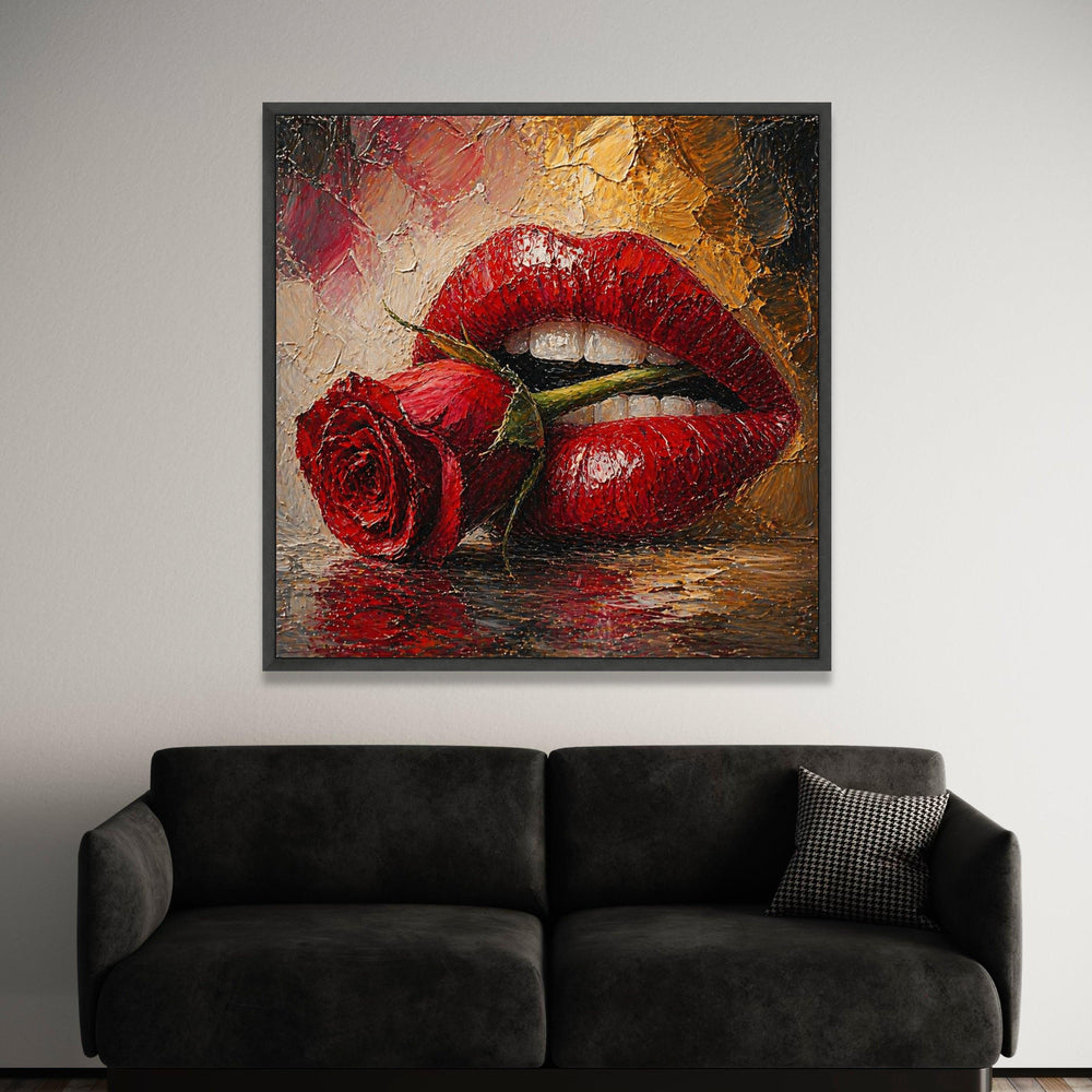 Bold Red Lips with Rose Canvas, Sensual Flower Art, Romantic Wall Decor, Glossy Lip Design, Modern Canvas for Bedroom or Luxury Home Decor