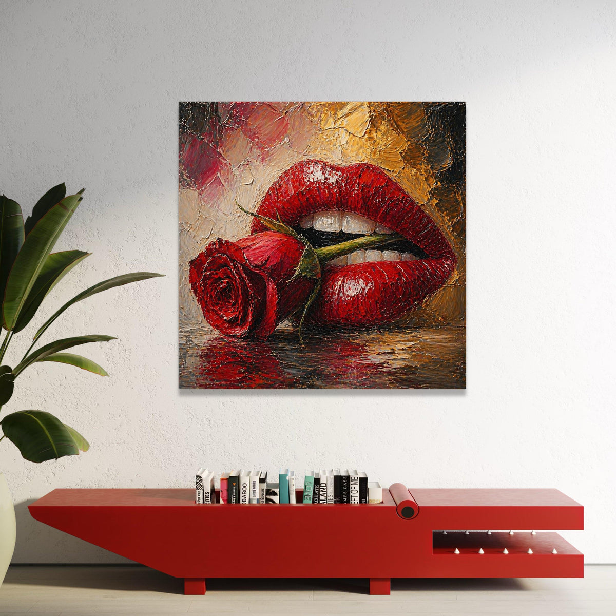 Bold Red Lips with Rose Canvas, Sensual Flower Art, Romantic Wall Decor, Glossy Lip Design, Modern Canvas for Bedroom or Luxury Home Decor