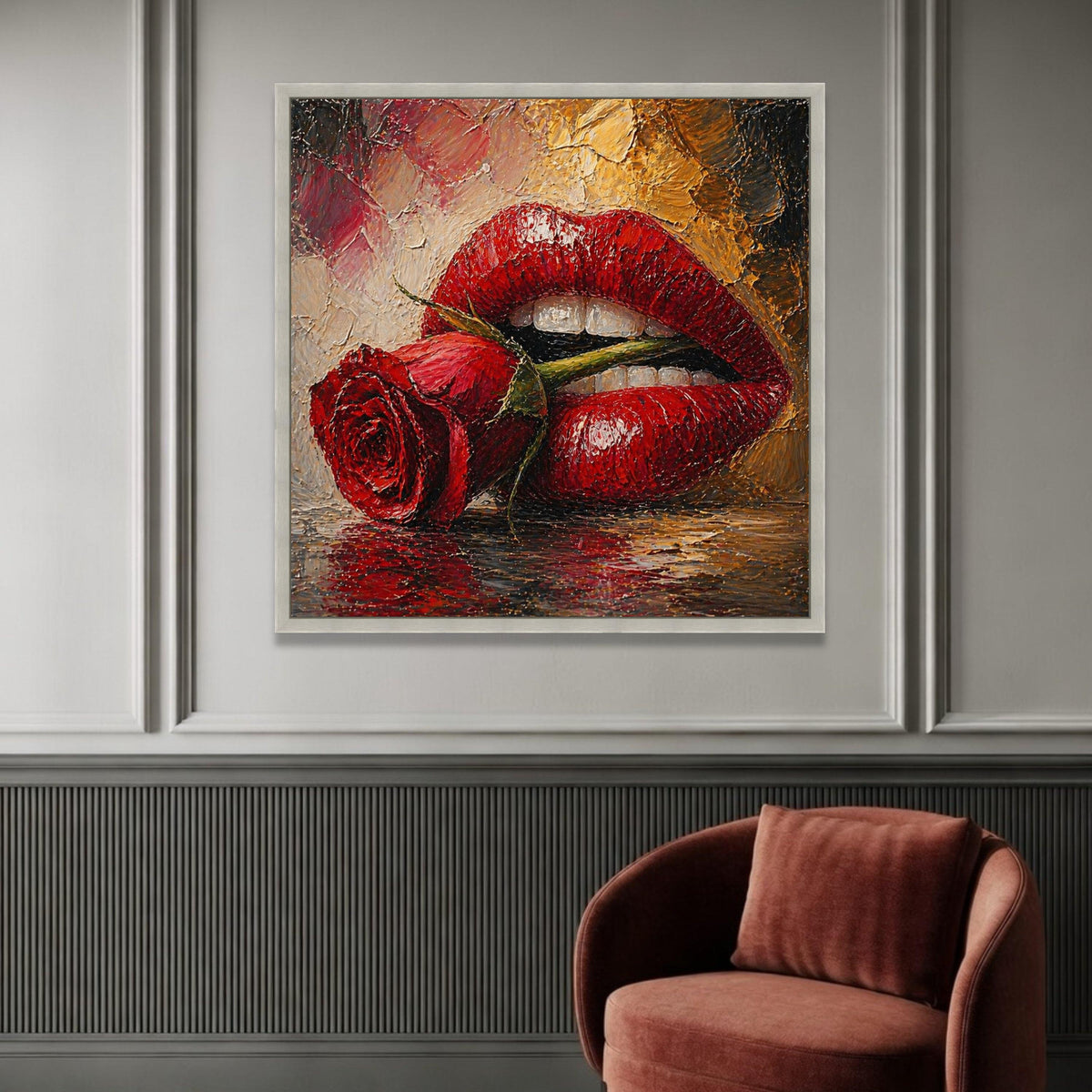 Bold Red Lips with Rose Canvas, Sensual Flower Art, Romantic Wall Decor, Glossy Lip Design, Modern Canvas for Bedroom or Luxury Home Decor