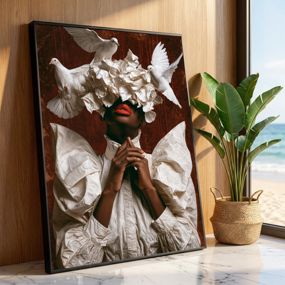 Elegant Woman with White Feather Hat and Doves, Modern Fashion Portrait Canvas, Bold Red Lips Wall Art, Unique Home Luxury Home Decor