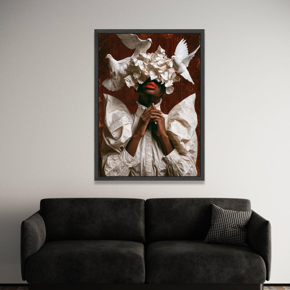Elegant Woman with White Feather Hat and Doves, Modern Fashion Portrait Canvas, Bold Red Lips Wall Art, Unique Home Luxury Home Decor