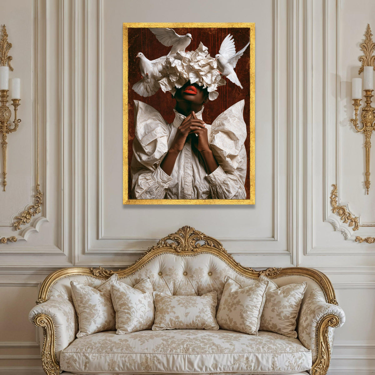 Elegant Woman with White Feather Hat and Doves, Modern Fashion Portrait Canvas, Bold Red Lips Wall Art, Unique Home Luxury Home Decor