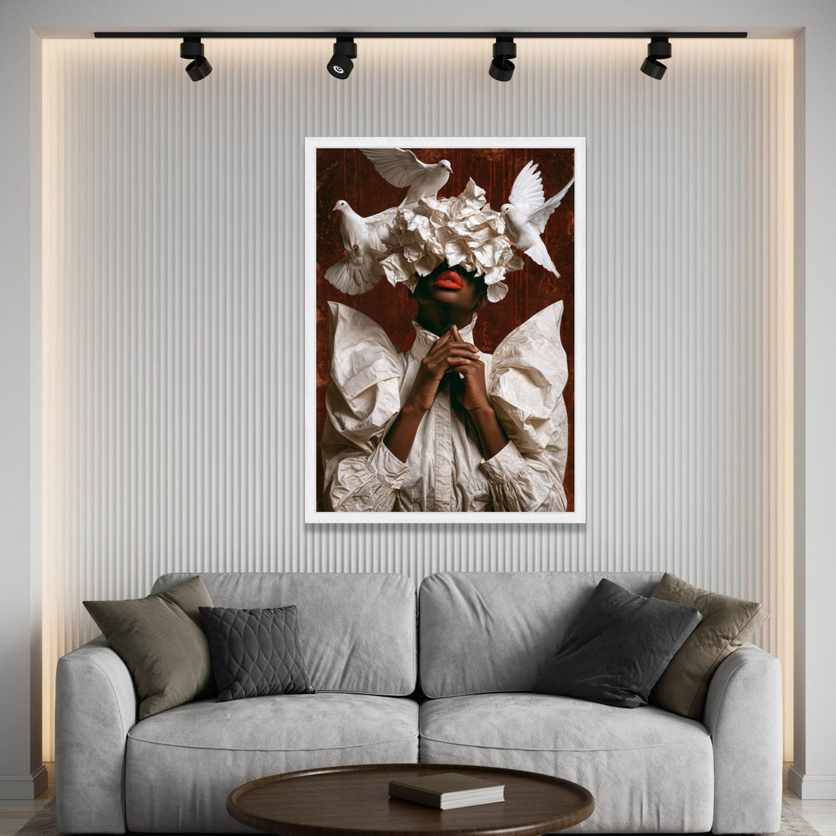 Elegant Woman with White Feather Hat and Doves, Modern Fashion Portrait Canvas, Bold Red Lips Wall Art, Unique Home Luxury Home Decor