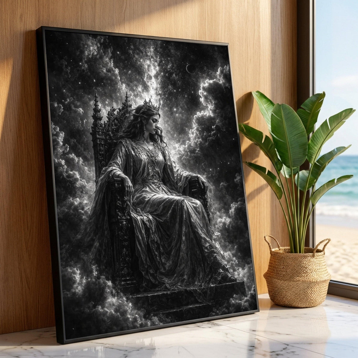 Regal Queen on Ornate Throne Canvas, Dark Fantasy Wall Art, Mystic Royalty Portrait, Gothic Home Decor, Ethereal Celestial Luxury Home Decor