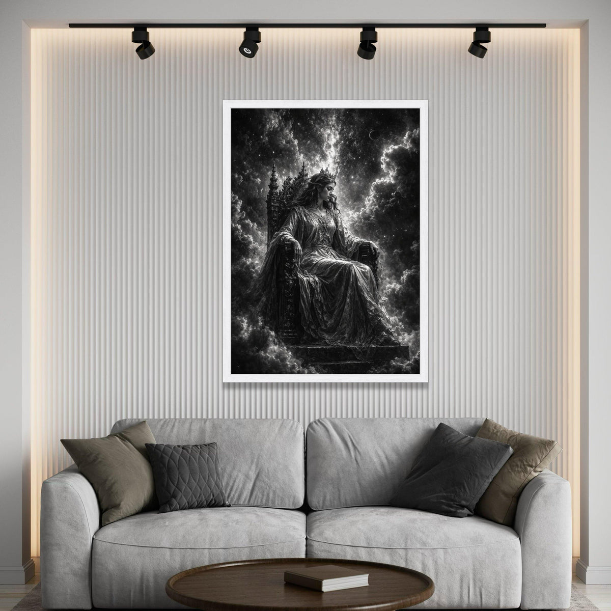 Regal Queen on Ornate Throne Canvas, Dark Fantasy Wall Art, Mystic Royalty Portrait, Gothic Home Decor, Ethereal Celestial Luxury Home Decor