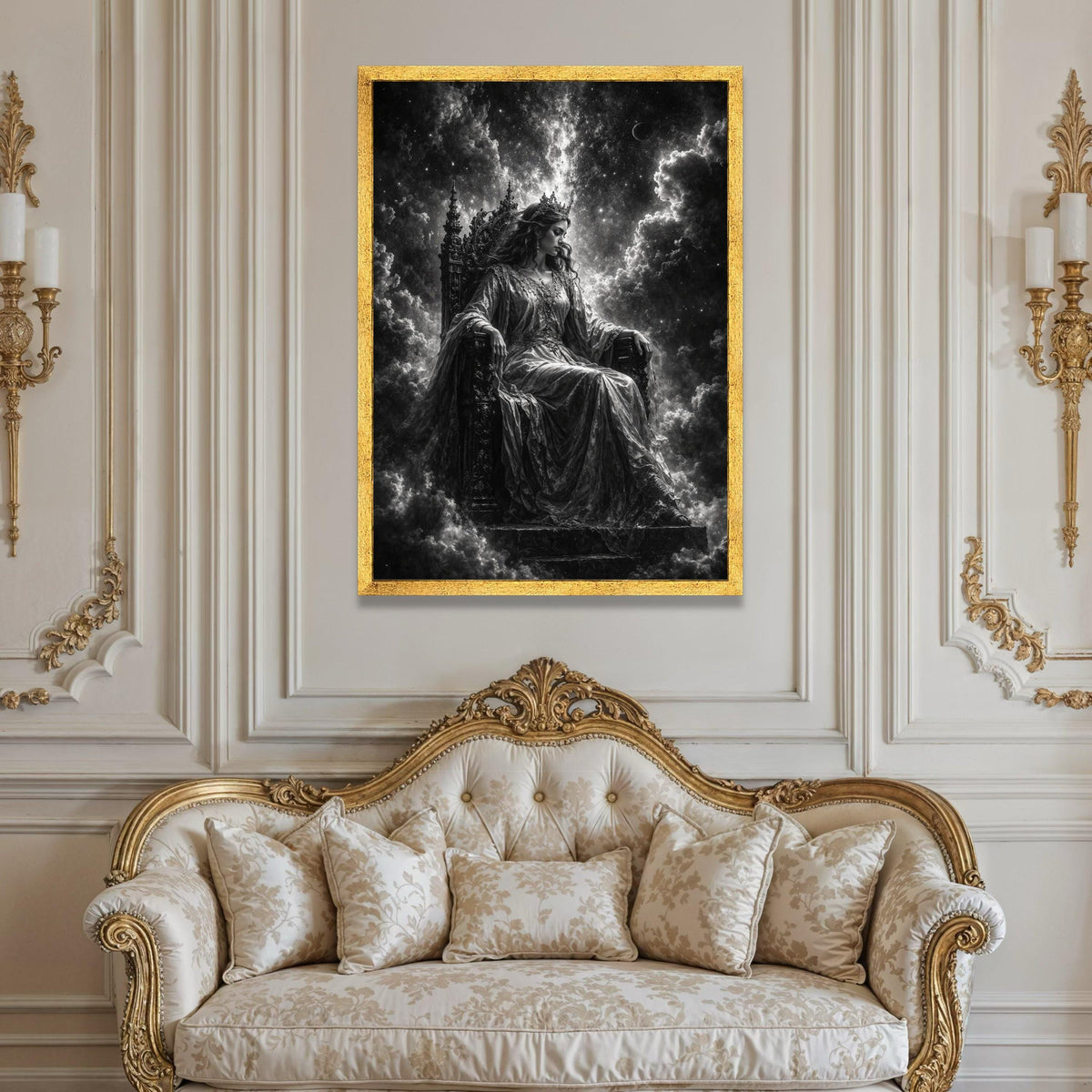 Regal Queen on Ornate Throne Canvas, Dark Fantasy Wall Art, Mystic Royalty Portrait, Gothic Home Decor, Ethereal Celestial Luxury Home Decor