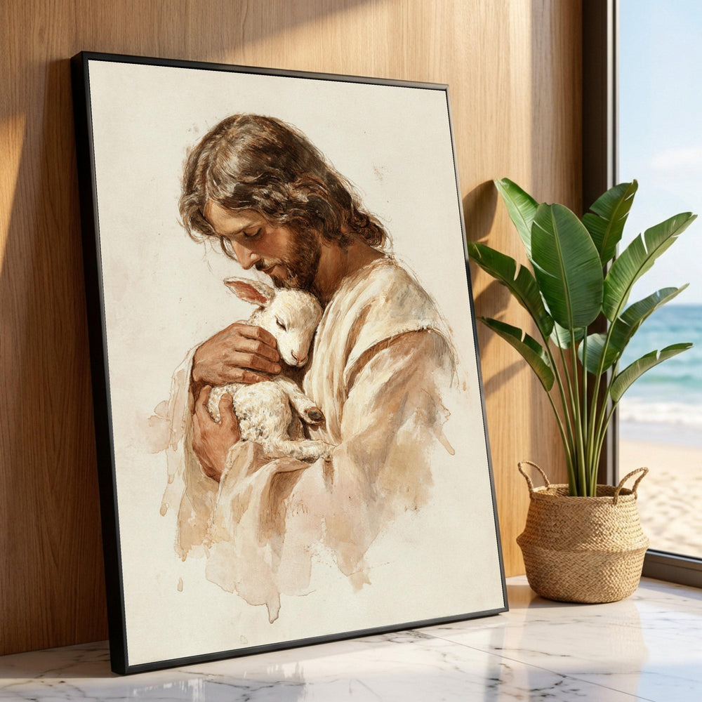 Gentle Shepherd Holding Lamb Canvas, Religious Wall Art, Spiritual Home Decoration, Christian Canvas Print, Peaceful Luxury Home Decor