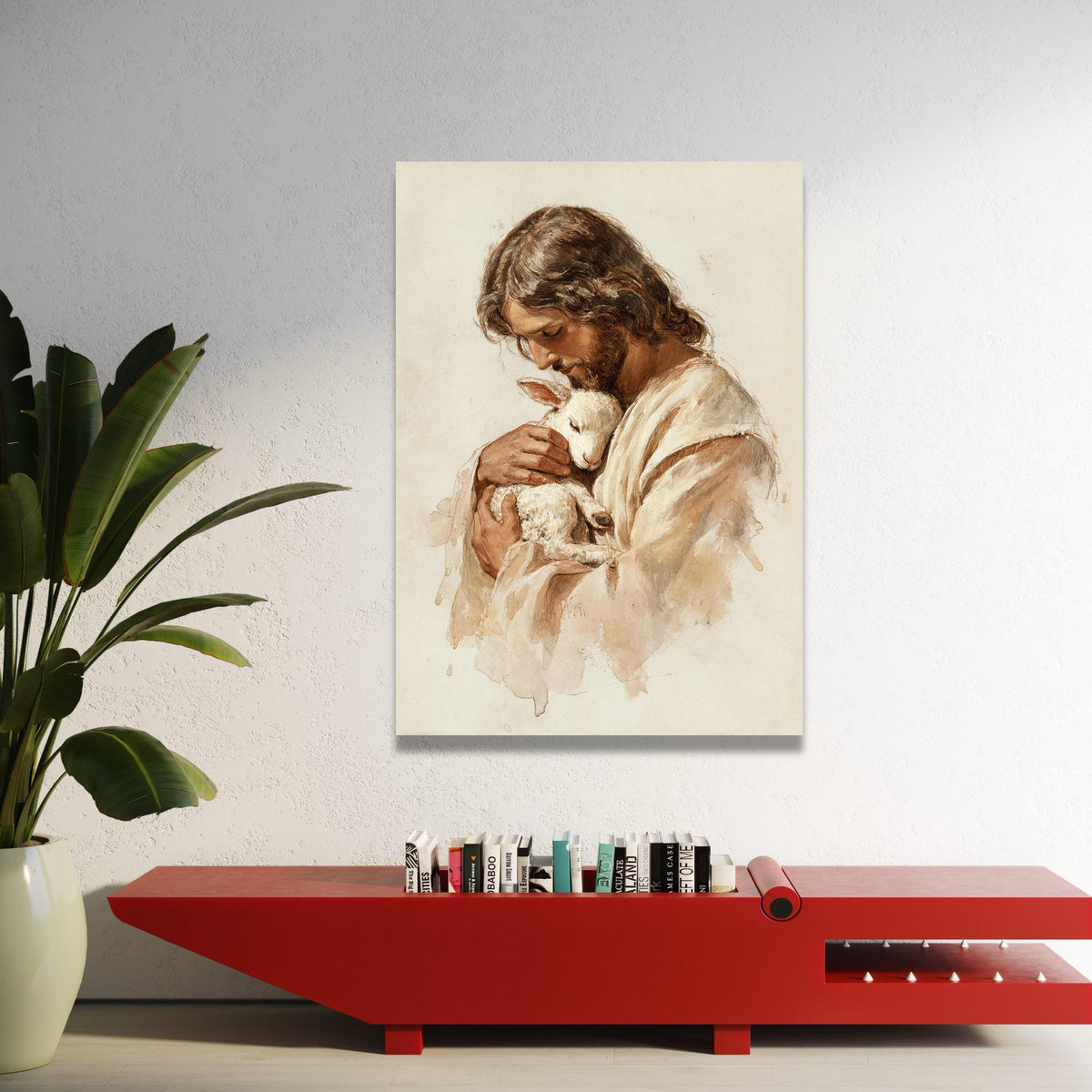 Gentle Shepherd Holding Lamb Canvas, Religious Wall Art, Spiritual Home Decoration, Christian Canvas Print, Peaceful Luxury Home Decor