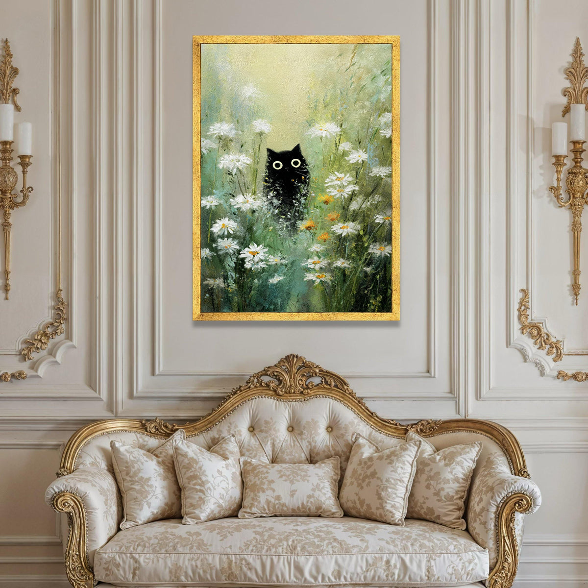 Curious Black Cat Daisy Field Canvas, Whimsical Nature Scene, Floral Garden Wall Art, Playful Animal Decoration, Ready to Luxury Home Decor