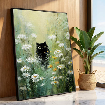 Curious Black Cat Daisy Field Canvas, Whimsical Nature Scene, Floral Garden Wall Art, Playful Animal Decoration, Ready to Luxury Home Decor