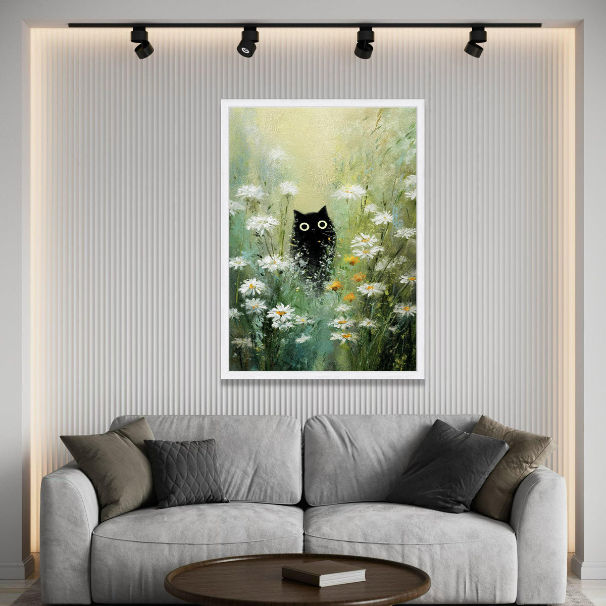 Curious Black Cat Daisy Field Canvas, Whimsical Nature Scene, Floral Garden Wall Art, Playful Animal Decoration, Ready to Luxury Home Decor