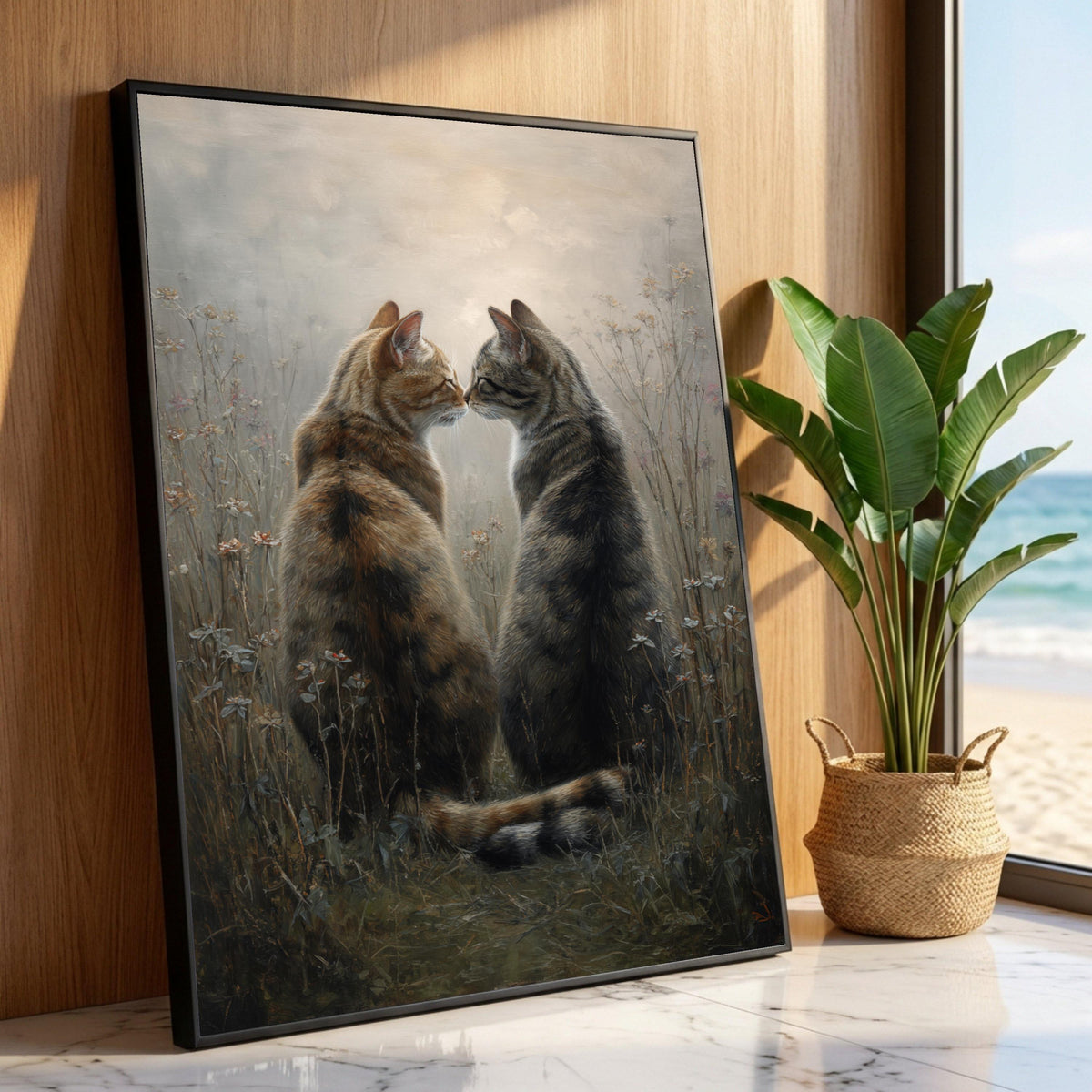 Tender Cat Duo Canvas, Romantic Animal Wall Art, Feline Love Painting, Cozy Home Decoration, Nature Scene Canvas Luxury Home Decor