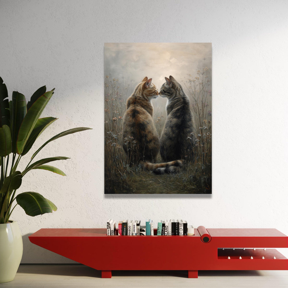 Tender Cat Duo Canvas, Romantic Animal Wall Art, Feline Love Painting, Cozy Home Decoration, Nature Scene Canvas Luxury Home Decor