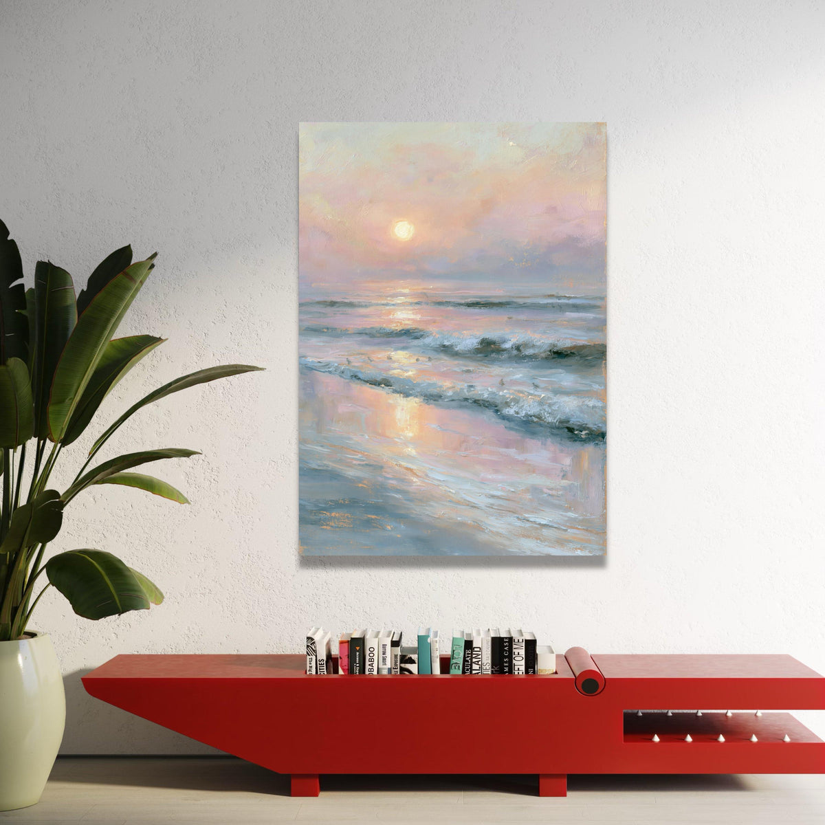 Tranquil Sunrise at Beach Canvas, Ocean Waves Wall Art, Pastel Seascape Painting, Coastal Home Decor, Serene Horizon Luxury Home Decor