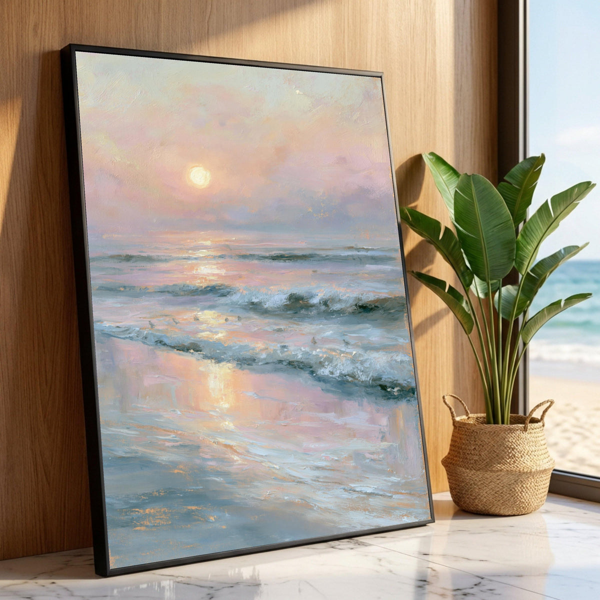 Tranquil Sunrise at Beach Canvas, Ocean Waves Wall Art, Pastel Seascape Painting, Coastal Home Decor, Serene Horizon Luxury Home Decor