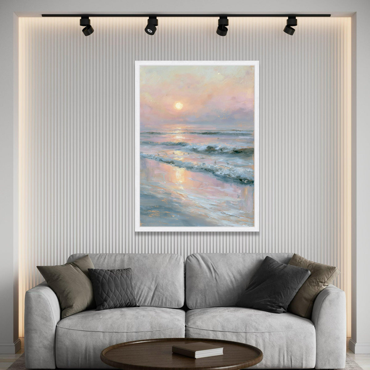 Tranquil Sunrise at Beach Canvas, Ocean Waves Wall Art, Pastel Seascape Painting, Coastal Home Decor, Serene Horizon Luxury Home Decor