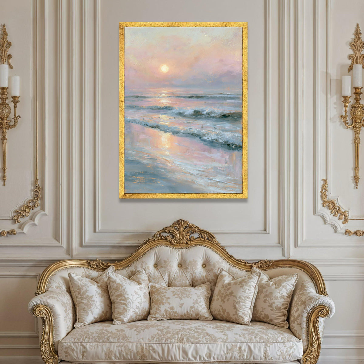 Tranquil Sunrise at Beach Canvas, Ocean Waves Wall Art, Pastel Seascape Painting, Coastal Home Decor, Serene Horizon Luxury Home Decor