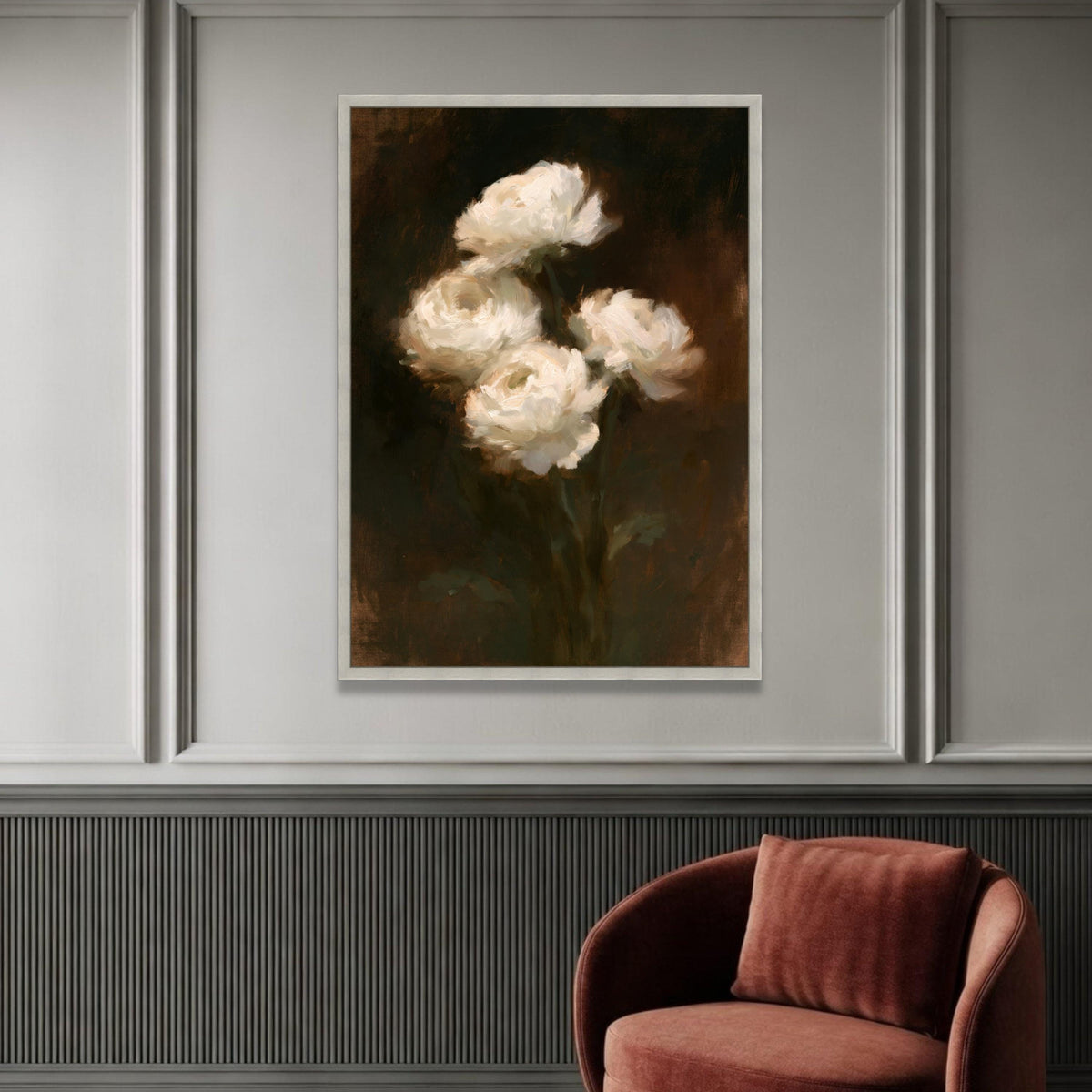 Elegant White Ranunculus Flowers Canvas Wall Art, Vintage Floral Bouquet Painting, Classic Botanical Canvas, Rustic Home Luxury Home Decor