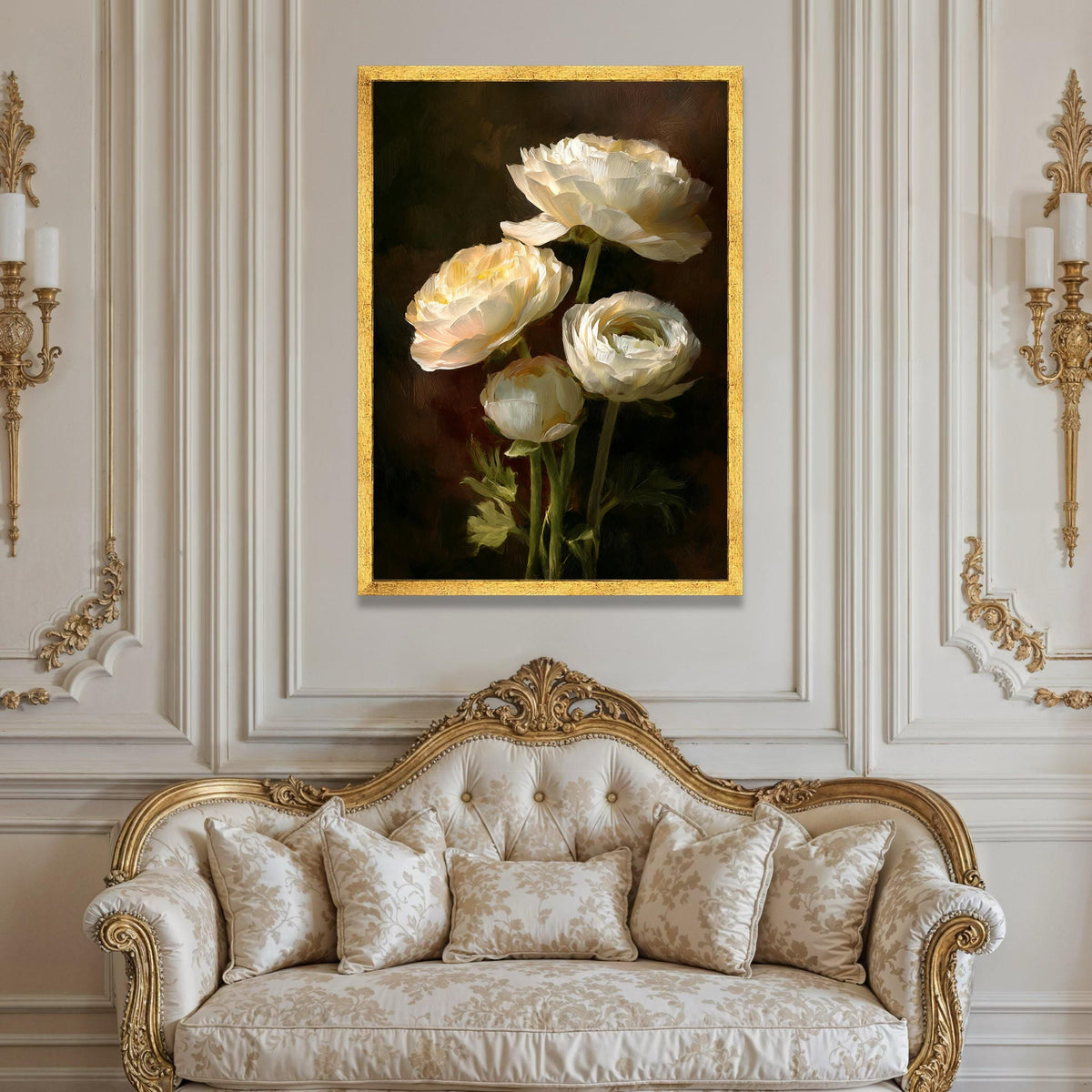 Elegant White Peony Bouquet Canvas, Floral Wall Art, Soft Light Flowers Painting, Classic Home Décor Canvas, Ready to Hang Luxury Home Decor