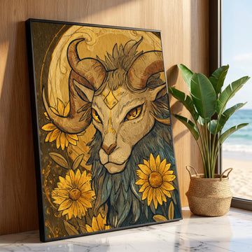 Mystic Ram Portrait Canvas, Floral Nature Wall Art, Boho Animal Illustration, Sunflower Canvas Decor, Rustic Home Luxury Home Decor