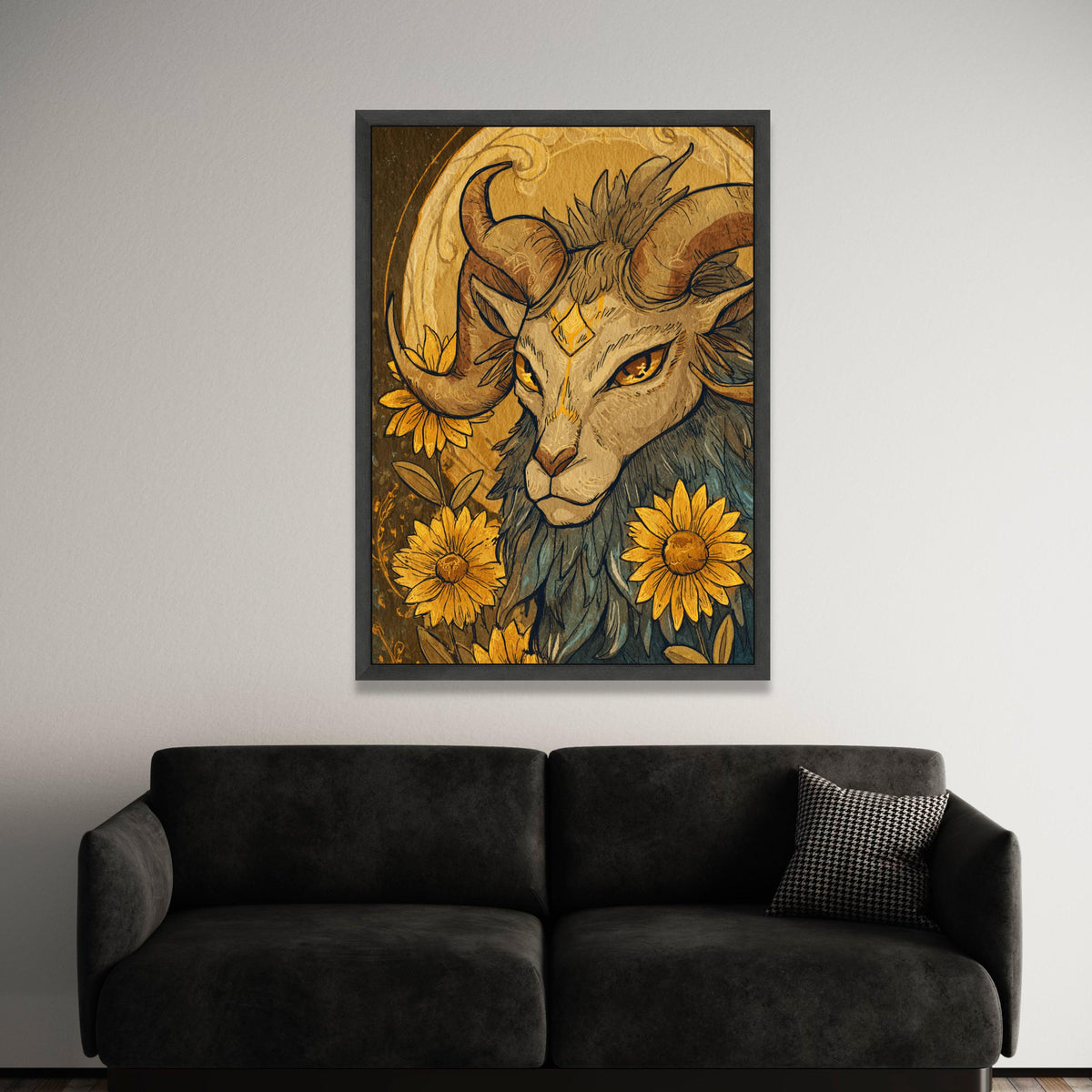 Mystic Ram Portrait Canvas, Floral Nature Wall Art, Boho Animal Illustration, Sunflower Canvas Decor, Rustic Home Luxury Home Decor