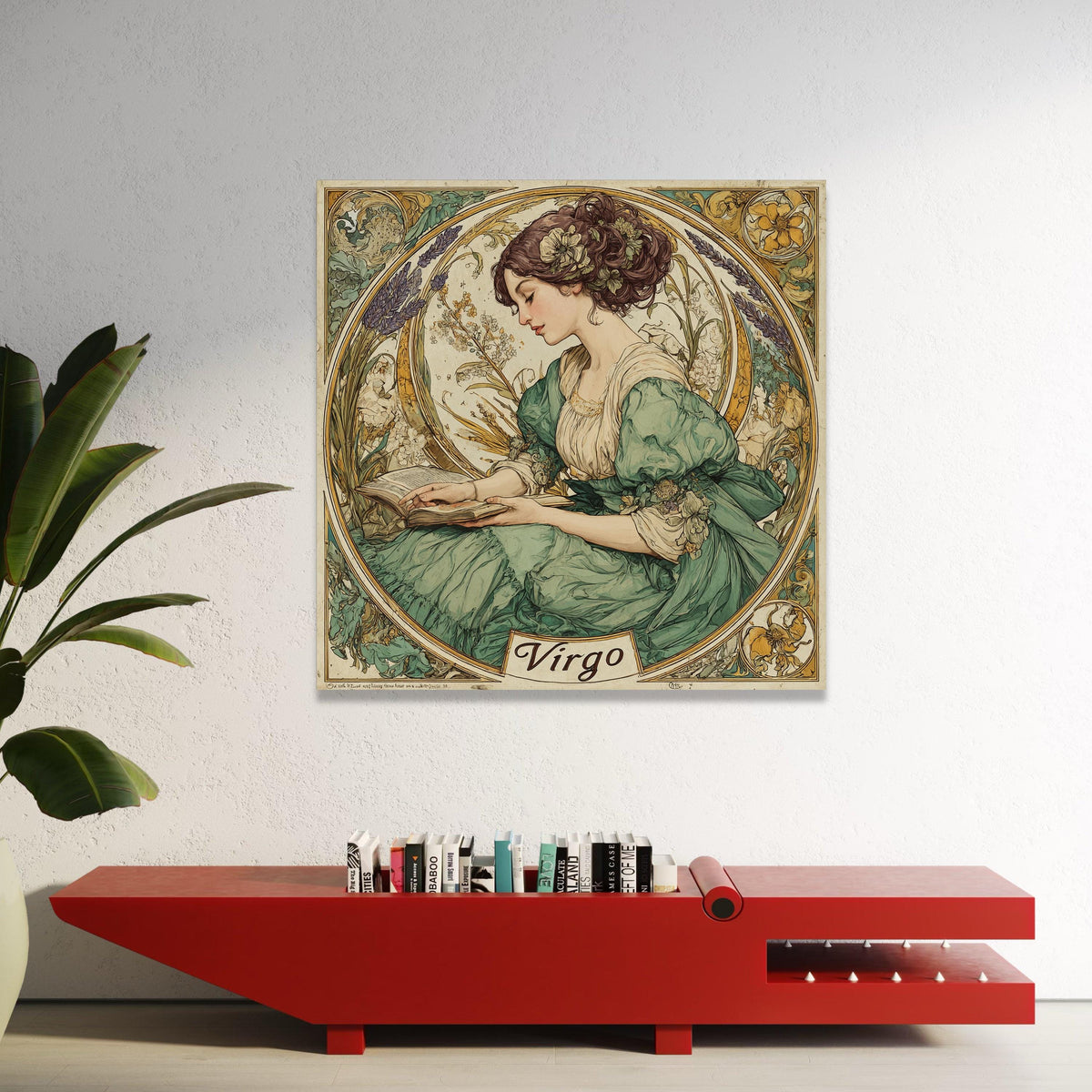 Vintage Virgo Zodiac Canvas Wall Art, Woman Reading Book Illustration, Floral Astrology Decor, Boho Horoscope Canvas, Luxury Home Decor