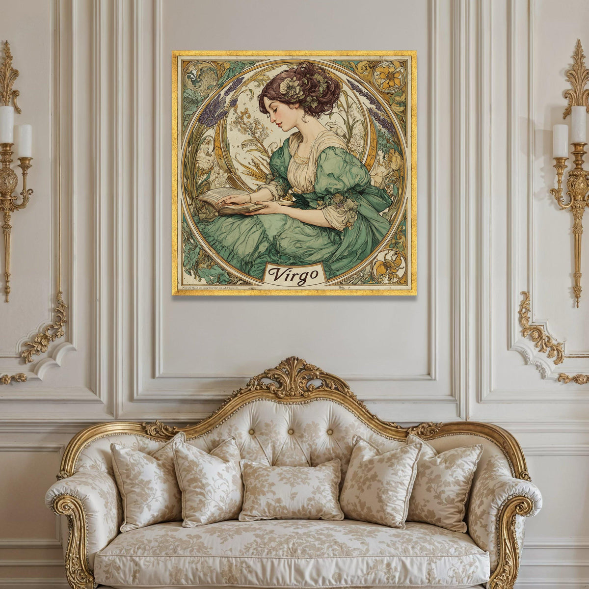 Vintage Virgo Zodiac Canvas Wall Art, Woman Reading Book Illustration, Floral Astrology Decor, Boho Horoscope Canvas, Luxury Home Decor