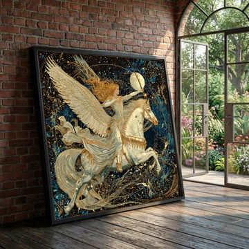 Celestial Archer Woman on Pegasus Canvas, Mythical Fantasy Wall Art, Winged Horse Artwork, Majestic Night Sky Canvas, Home Luxury Home Decor