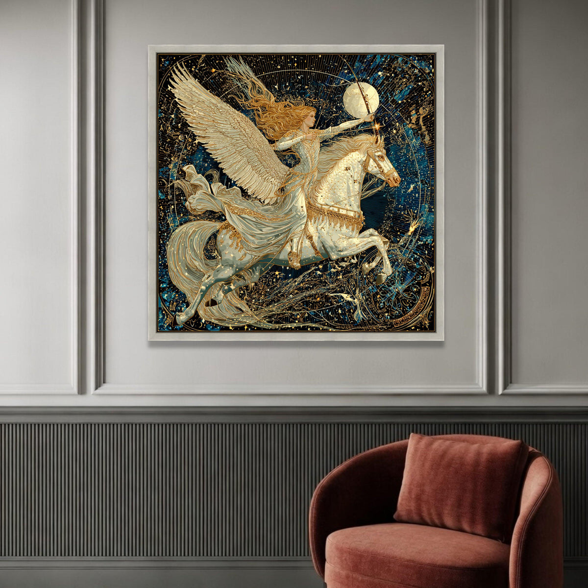 Celestial Archer Woman on Pegasus Canvas, Mythical Fantasy Wall Art, Winged Horse Artwork, Majestic Night Sky Canvas, Home Luxury Home Decor