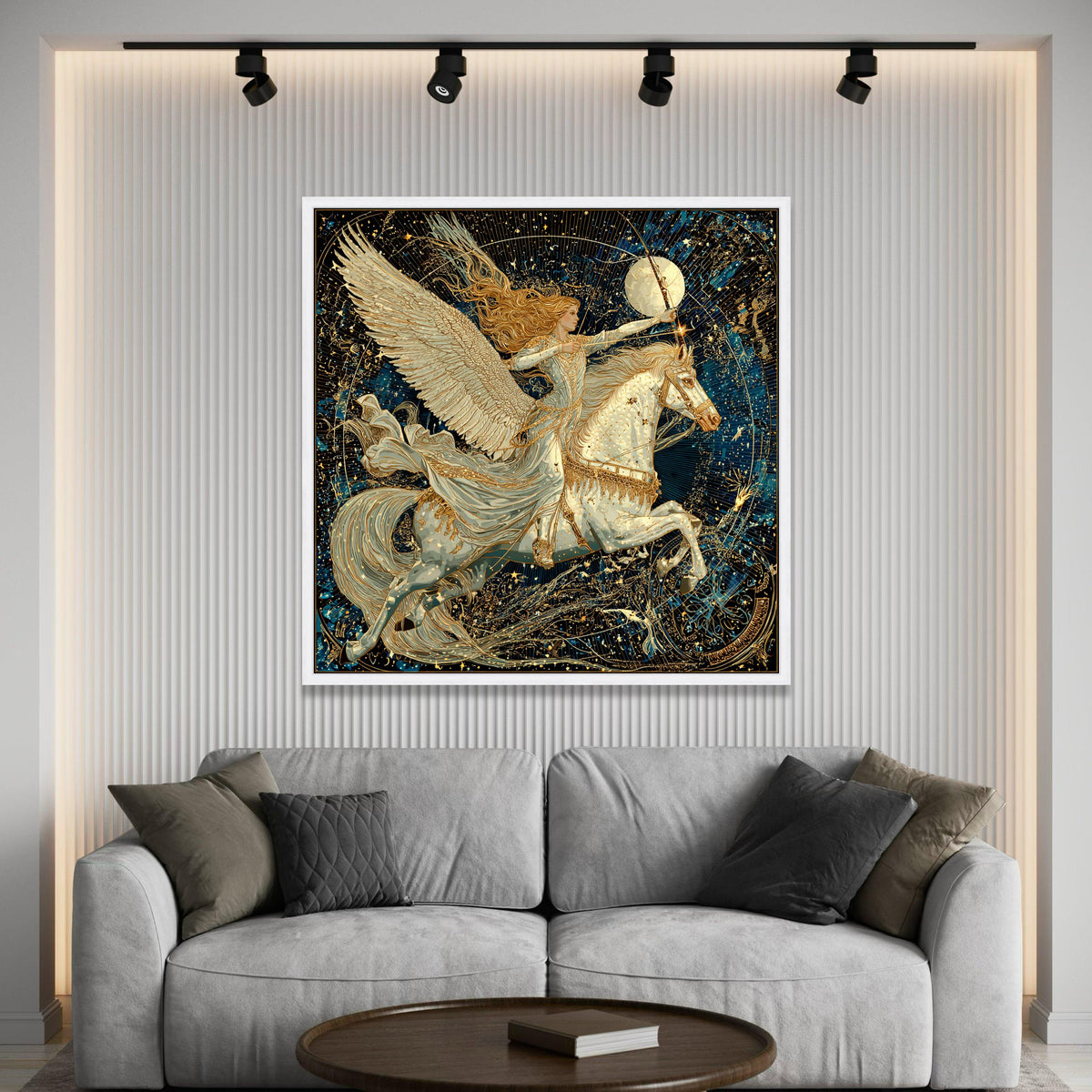 Celestial Archer Woman on Pegasus Canvas, Mythical Fantasy Wall Art, Winged Horse Artwork, Majestic Night Sky Canvas, Home Luxury Home Decor
