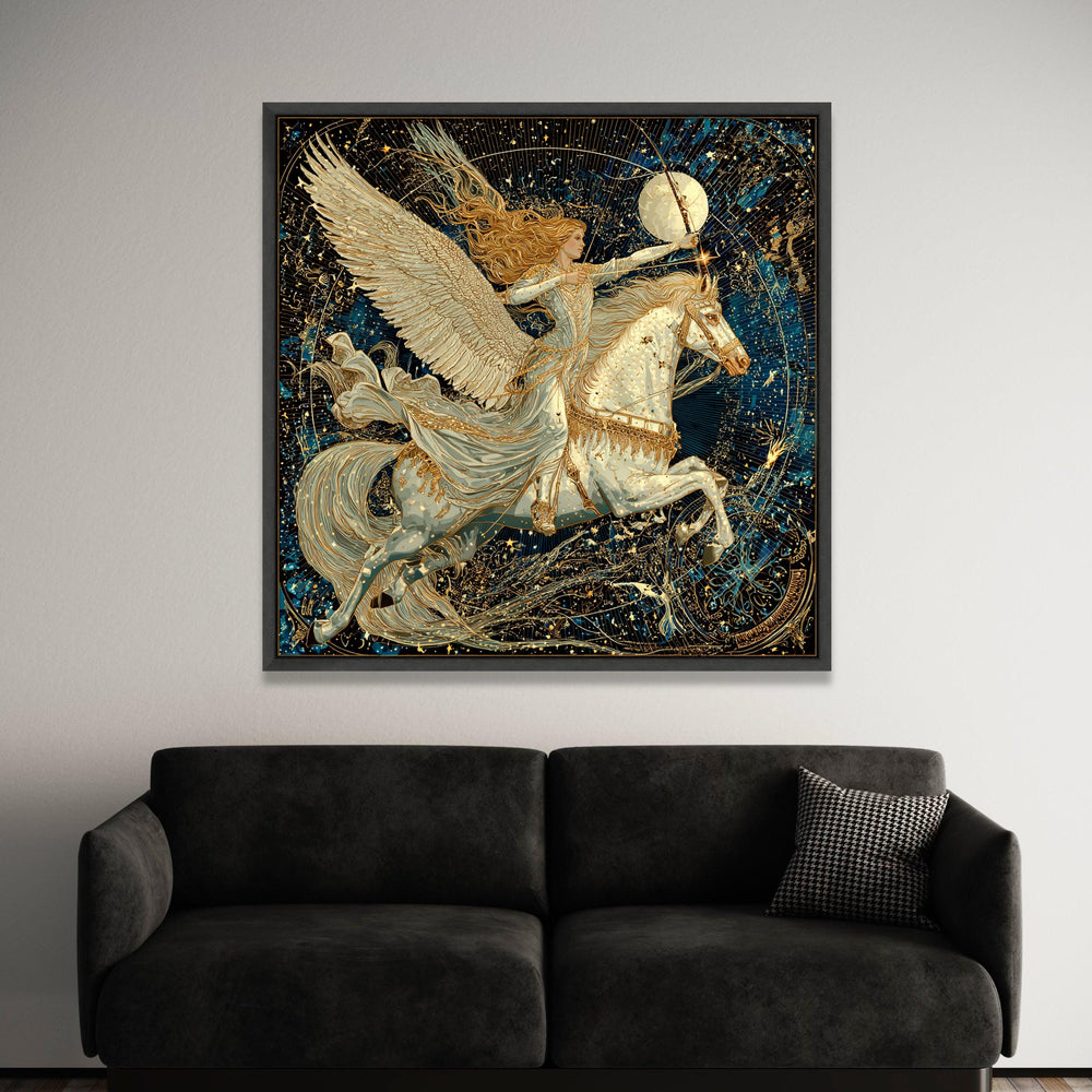 Celestial Archer Woman on Pegasus Canvas, Mythical Fantasy Wall Art, Winged Horse Artwork, Majestic Night Sky Canvas, Home Luxury Home Decor